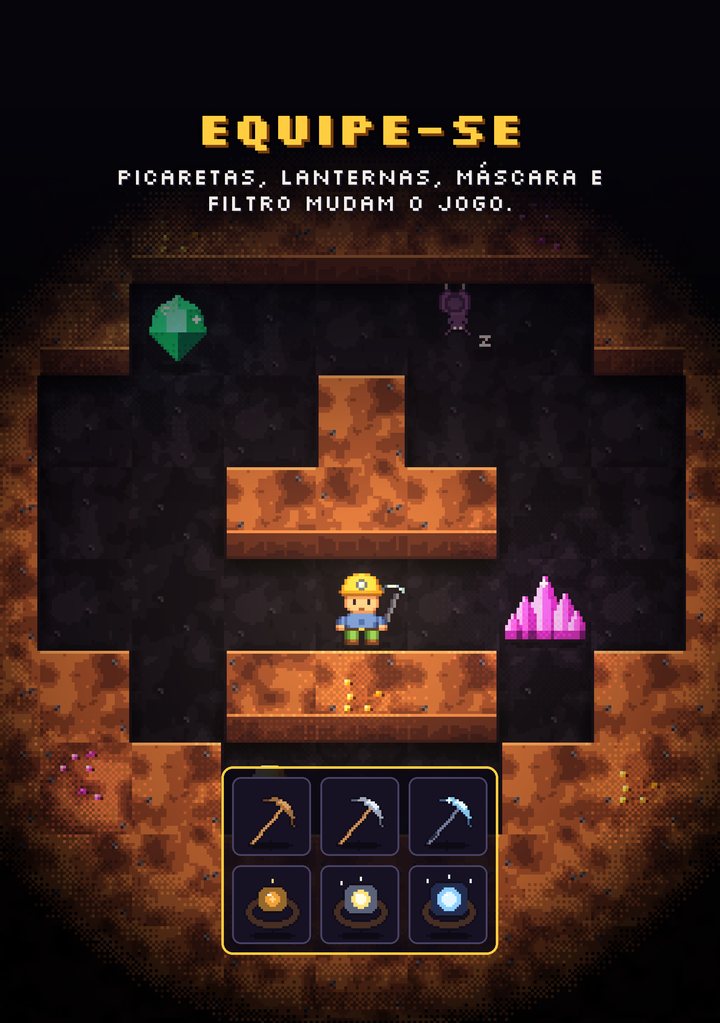 Modo história: caverna iluminada pela lanterna e a vitrine de equipamentos